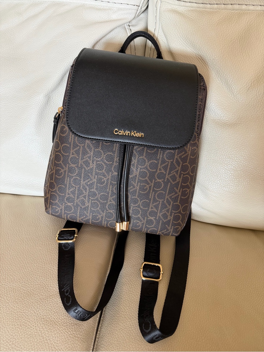 Calvin Klein Brown Monogram Backpack with Black Flap